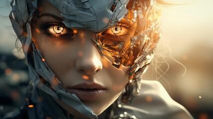 Cyborg, rebellion, post-apocalyptic world, realistic, golden hour, double exposure, lens flare, Eye-level angle , in style of origami
