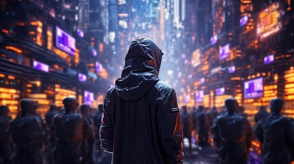 Data Miner, Protective Hood, Cybernetic being, Searching through digital archives, Crowded cityscape, Futuristic technology, Neon lights, 3D Render, Backlights, Handheld shot view