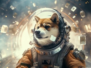 Dogecoin, astronaut helmet, viral meme, exploring the influence of internet memes on cryptocurrency popularity and market movements Realistic, backlight, double exposure, Aerial view - obrazy, fototapety, plakaty