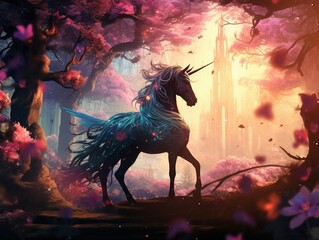 Enchanted forest, mythical unicorn, colorful flowers and butterflies, 3D render, sunlight filtering through the trees, creating a magical atmosphere with a soft focus effect, Silhouette shot