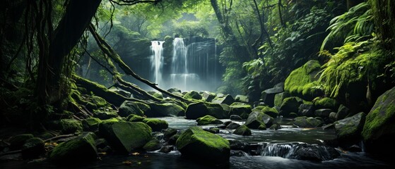 Enchanted Waterfall, moss-covered rocks, shimmering cascade of water in a lush rainforest Photography style shot, under a canopy of green leaves