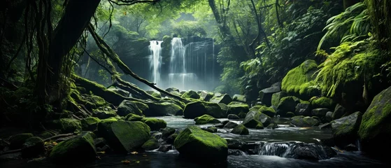 Fotobehang Enchanted Waterfall, moss-covered rocks, shimmering cascade of water in a lush rainforest Photography style shot, under a canopy of green leaves © PTC_KICKCAT