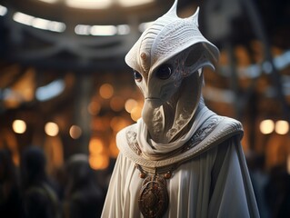 Ethereal Alien Ambassador, flowing robes, diplomacy in a bustling spaceport, shimmering with different languages and cultures Realistic, Spotlight, Vignette, Macro shot - obrazy, fototapety, plakaty