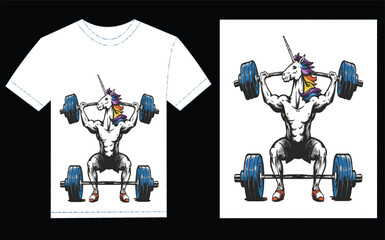 Bodybuilder Unicorn Drawing Lifting Barbell t-shirt design, colorful unicorn t shirt design