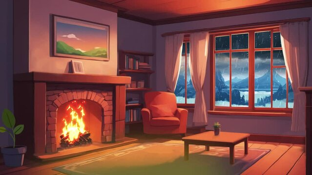 A cozy room with a fireplace, stormy rain outside the window, evening, vector style, looped lo-fi video.