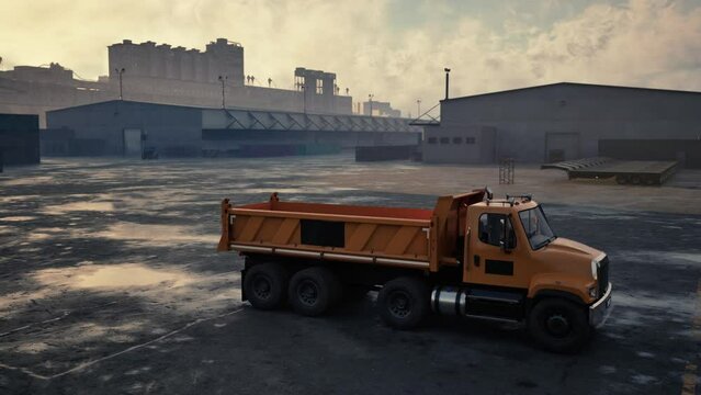 A dump truck, used for transporting heavy materials, parked in a designated parking area.