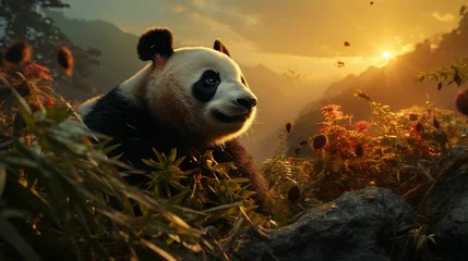 Zelfklevend Fotobehang Giant Panda, playful symbol of conservation success, frolicking among lush bamboo forests in a misty Chinese mountain landscape 3D render  © PTC_KICKCAT