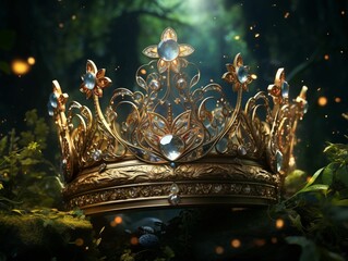 Golden Crown, glowing with jewels, towering over the lush green garden, under a starry night sky Realistic, Backlights, Vignette, Mirror shot