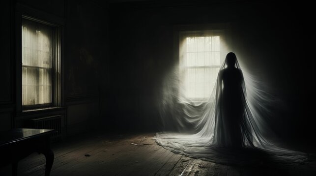 Ghost, tattered shroud, pale apparition emerging from abandoned mansion, stormy weather, realistic photography, silhouette lighting, Mirror shot
