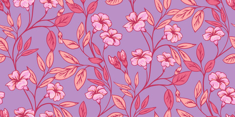 Blossoms colorful branches with wild flowers, leaves seamless pattern. Vector hand drawn. Artistic, abstract floral stems print on a purple background. Template for designs, fabric, textile