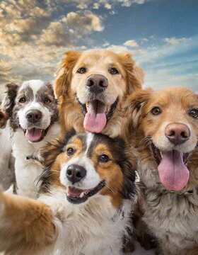 A group of happy dogs gathered together taking a selfie.