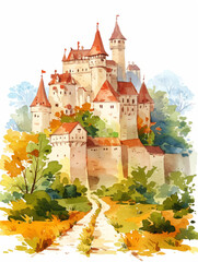 Medieval castle watercolor on white background