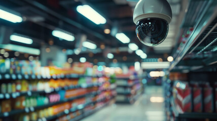 Security camera overlooks colorful supermarket aisles, ensuring safety. - obrazy, fototapety, plakaty
