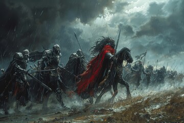 An epic battle unfolds in the rain, with knights charging toward a dark castle engulfed in flames, under a tumultuous sky.