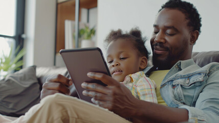 Tender moment as father and daughter engage with a tablet at home.
