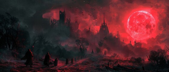 A blood-red moon looms large over the ruins of a Gothic cathedral, casting an eerie glow on the desolate landscape below. - obrazy, fototapety, plakaty