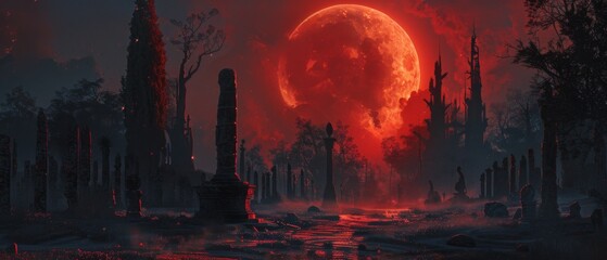 An ethereal cemetery bathed in the light of a gigantic red moon creates a scene both serene and unsettling in the dead of night. - obrazy, fototapety, plakaty
