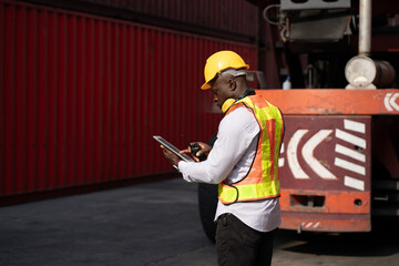 African logistic engineer man worker or foreman use tablet computer working with forklift container at container site	 - 761260304