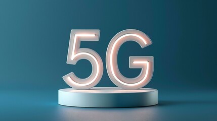 A white and pink 5G sign is lit up on a blue background. The sign is on a pedestal, and the blue background gives the impression of a futuristic, high-tech setting