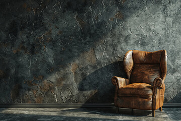 Stylish loft interior with a leather armchair on a dark hand-painted wall with space for text or...