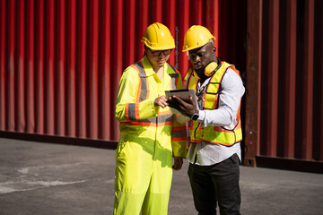 Portrait Asia logistic engineer man worker or foreman working wit tablet computer and African American foreman with container background	 - 761260339