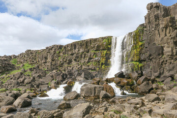 .Beautiful Oxararfoss waterfall in summer, Thingvellir National Park, Iceland