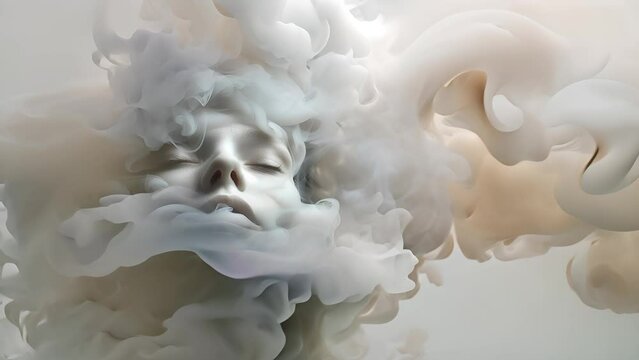 Fashion surreal Concept. Closeup portrait of girl emerged dissolve in dark grey white swirling smoke clouds fog. wallpaper banner clip mov 4K HD motion

