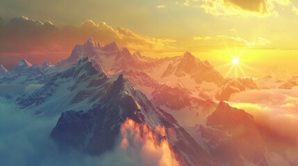 Mountain Landscape at Sunset. Beautiful, Sky, Summer, Travel, Natural, Nature, Sun, View, Panorama, Evening, Dawn, Heaven, Scene, Rocky
 - obrazy, fototapety, plakaty