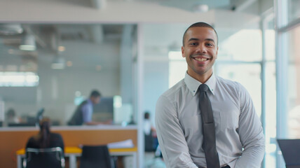 Smiling professional man in business attire against an office backdrop radiating confidence.