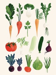Colorful hand-drawn vector vegetables on white background. A collection of various hand-drawn colorful vegetables including broccoli, peppers, and carrots, illustrated on a clean white backdrop