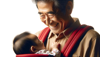 抱っこ紐で赤ん坊を抱く日本人の高齢男性 - obrazy, fototapety, plakaty
