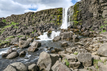 .Beautiful Oxararfoss waterfall in summer, Thingvellir National Park, Iceland