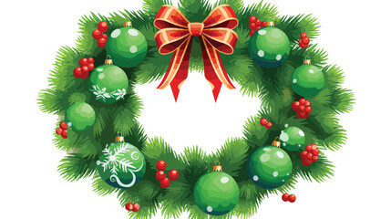 Fototapeta na wymiar Green christmas wreath with decorations branch and background