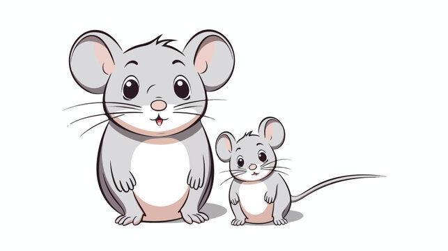 Grey Mouse Mom and baby cartoon. Outlined illustration