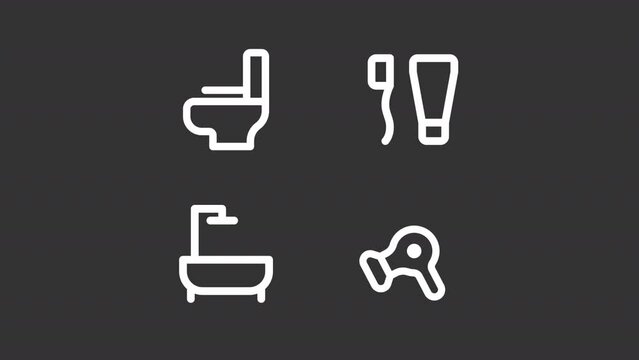 Animated bath white icons. Bathroom amenities line animation library. Personal hygiene. Morning routine. Isolated illustrations on dark background. Transition alpha. HD video. Icon pack