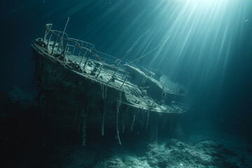 Shipwreck underwater in the sea or ocean with sunlight passing through the water. Sunken ship underwater 