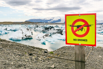 no drones sign at the glacier in Iceland to protect the nature,