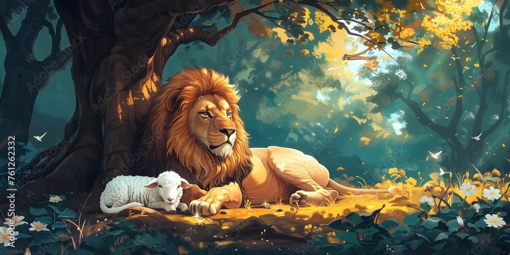 Wall mural tranquil coexistence: lion and lamb resting under ancient tree in lush forest