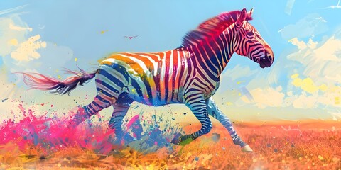 Fototapeta premium Spectrum Striped Zebra Galloping Across the Vibrant Savannah Landscape