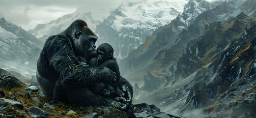 Gentle Gorilla Embrace Amidst Rugged Mountain Landscape - obrazy, fototapety, plakaty