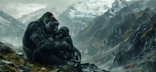 Fotobehang Gentle Gorilla Embrace Amidst Rugged Mountain Landscape © Bussakon