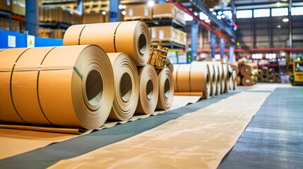 Warehouse storage of massive paper rolls for industrial printing and publishing needs - obrazy, fototapety, plakaty