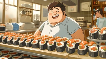 vibrant cartoon scene depicts a cheerful, rotund individual joyfully partaking in a sushi feast at what appears to be a conveyor belt-style restaurant. Various plates of colorful
