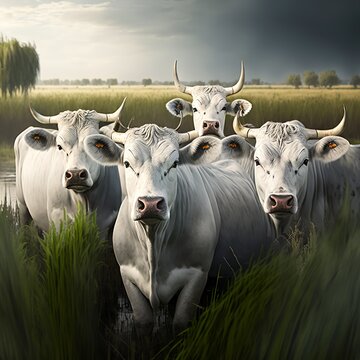 A herd of Hungarian gray cattle graze in a field  Hortobágy Hungary white and gray cattle they look a little angry because of the photo shoot is about to attack Generative AI 