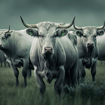 A herd of Hungarian gray cattle graze in a field  Hortobágy Hungary white and gray cattle they look a little angry because of the photo shoot is about to attack Generative AI 