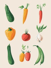 Colorful hand-drawn vector vegetables on white background. A collection of various hand-drawn colorful vegetables including broccoli, peppers, and carrots, illustrated on a clean white backdrop