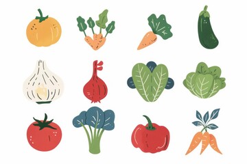 Fototapeta premium Colorful hand-drawn vector vegetables on white background. A collection of various hand-drawn colorful vegetables including broccoli, peppers, and carrots, illustrated on a clean white backdrop