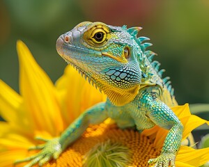 Obraz premium Vibrant Lizard Basking Amid Sunflower's Solar Hues