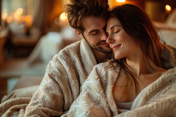 Happy young couple in bathrobes enjoying a romantic moment at a spa hotel