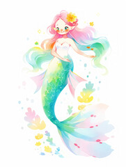 Mermaid watercolor on white background
